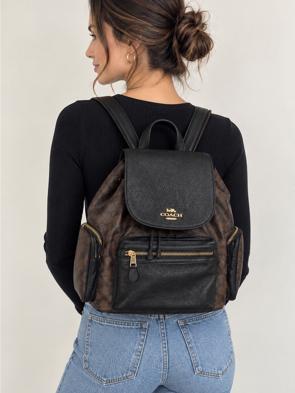Coach Black & Brown Signature Canvas Leather Drawstring Backpack